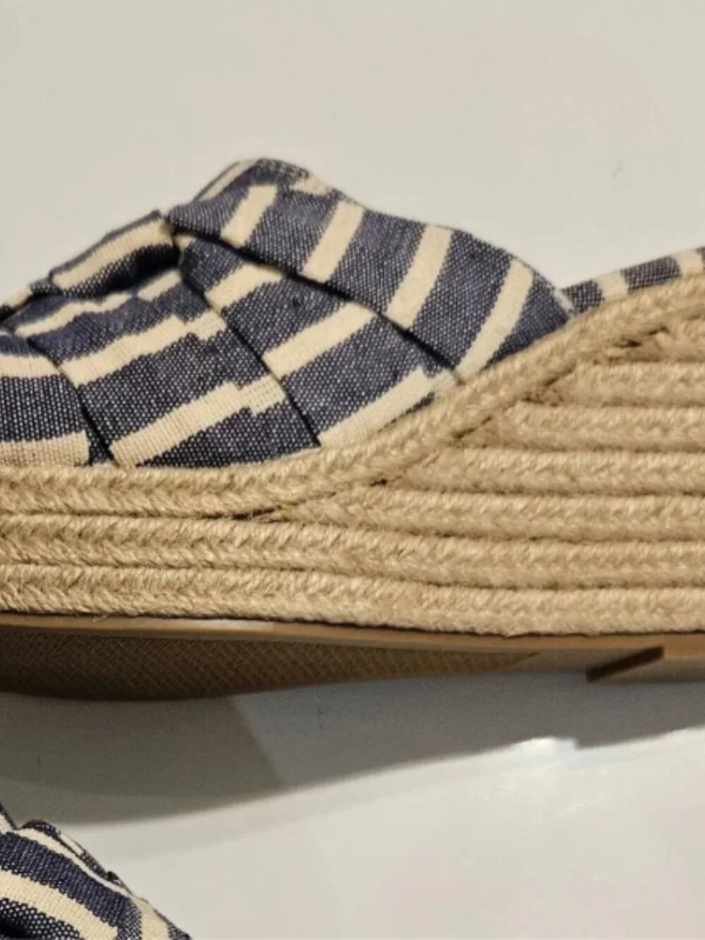 Sugar I Wedge Jute, Canvas Twist Blue and White/Cream Stripe Wedge Sandals 8.5